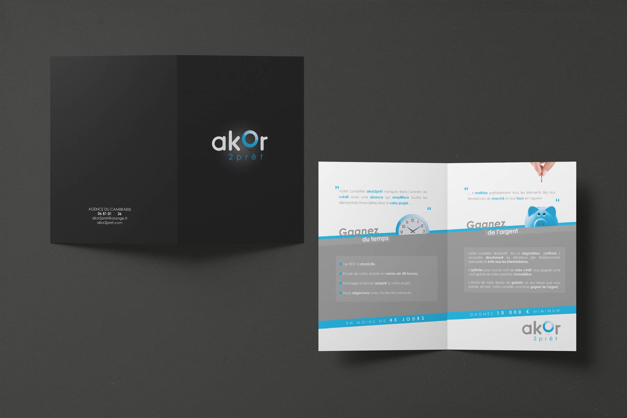 Création d'une charte graphique dynamique pour Akor2prêt par Click-Création - Carte postale et dépliant pour les primo-accédants.