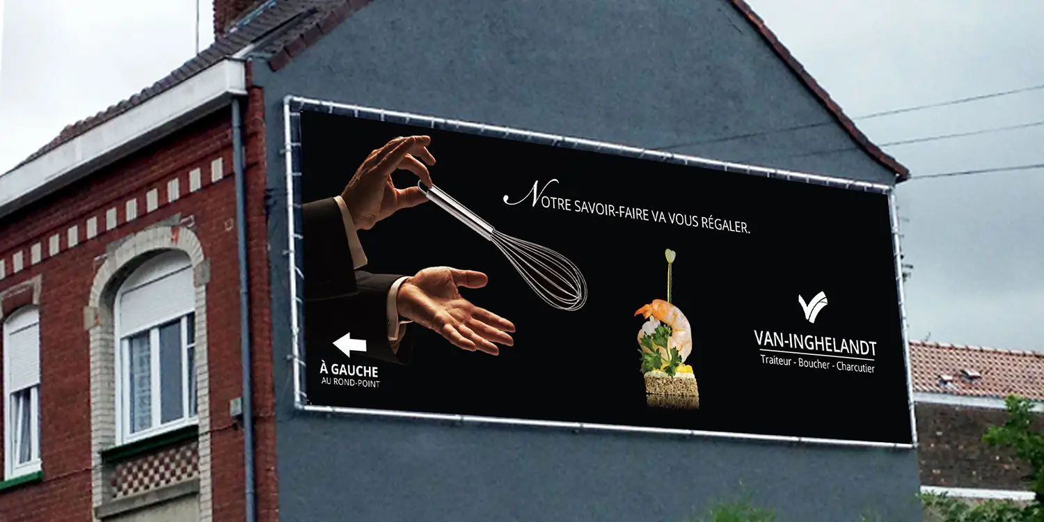 Affiche publicitaire pour Van-Inghelandt : un chef d'orchestre cuisinier pour une expérience gustative unique.