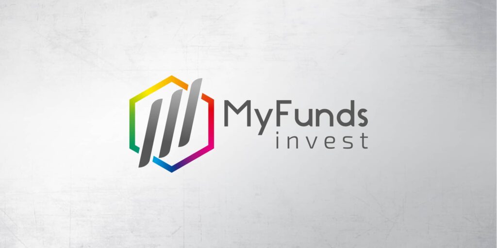 Création logo MyFunds Invest : un hexagone multicolore symbolisant la croissance et l'investissement.