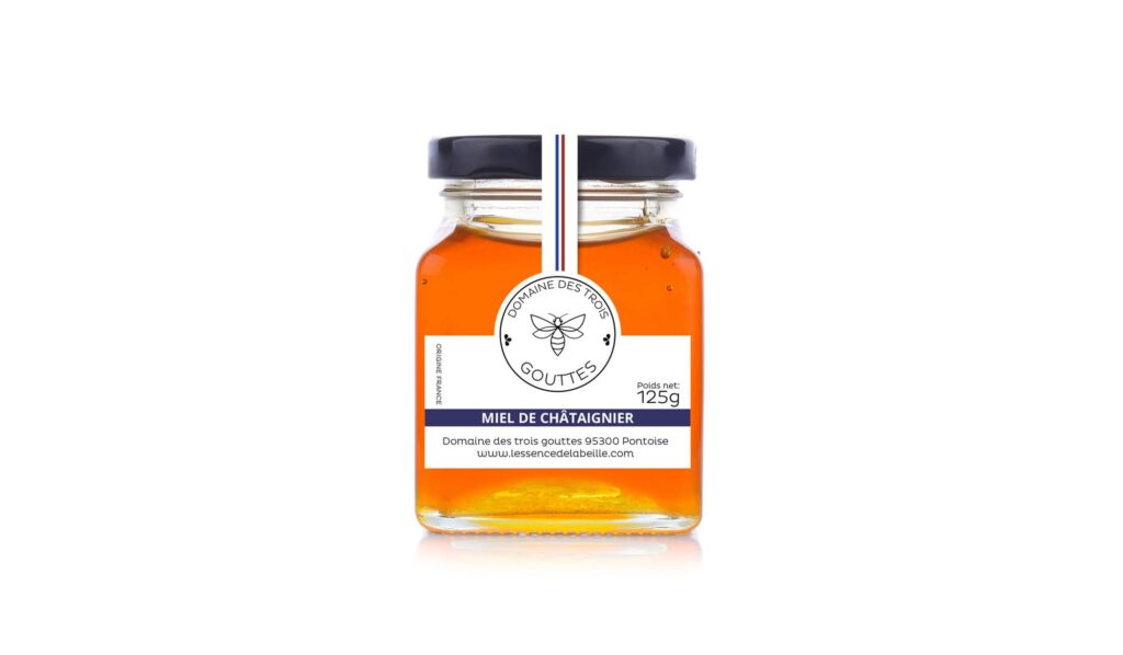Packaging du miel du Domaine des Trois Gouttes : un design soigné pour un produit artisanal.