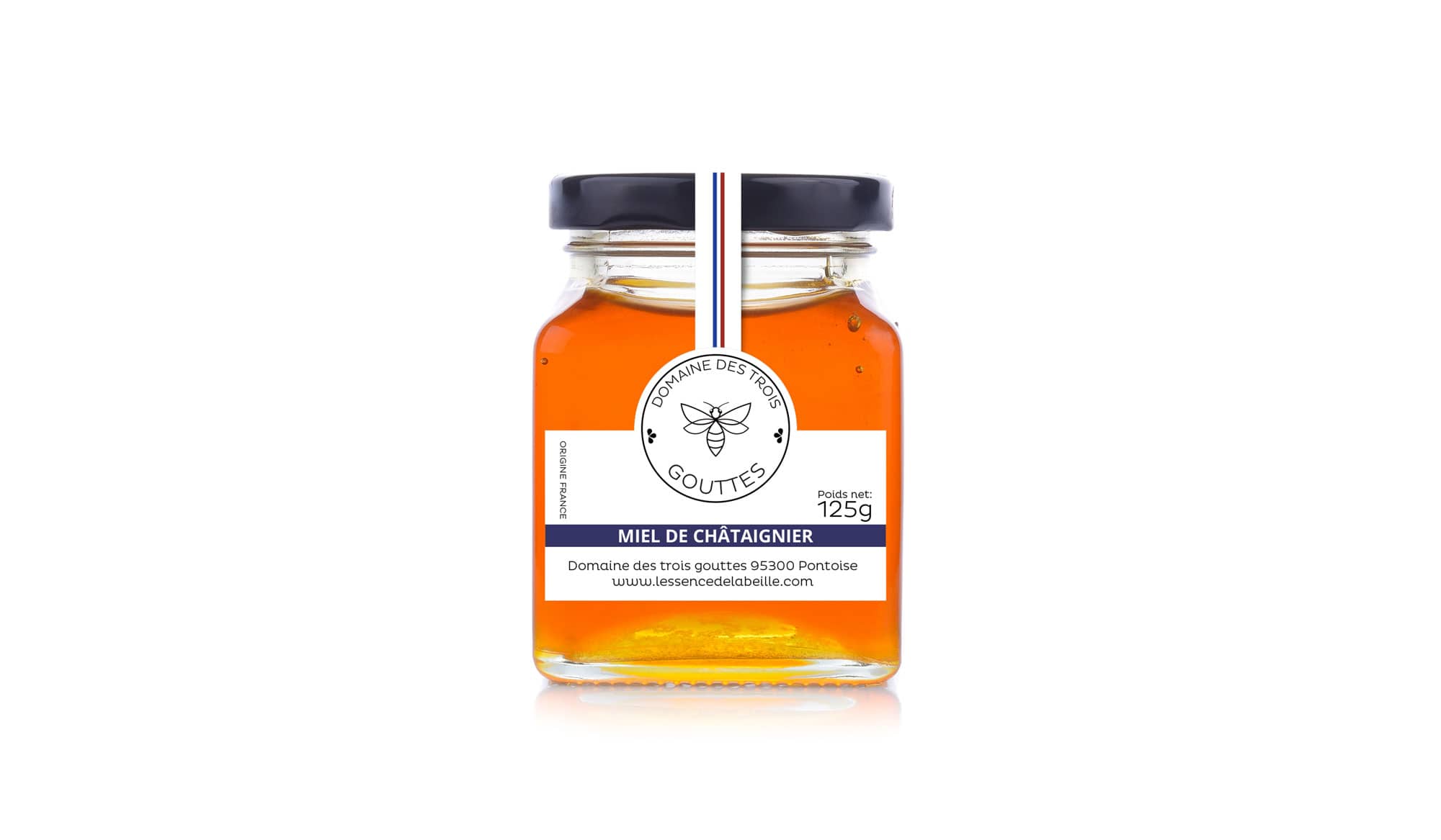 Packaging du miel du Domaine des Trois Gouttes : un design soigné pour un produit artisanal.