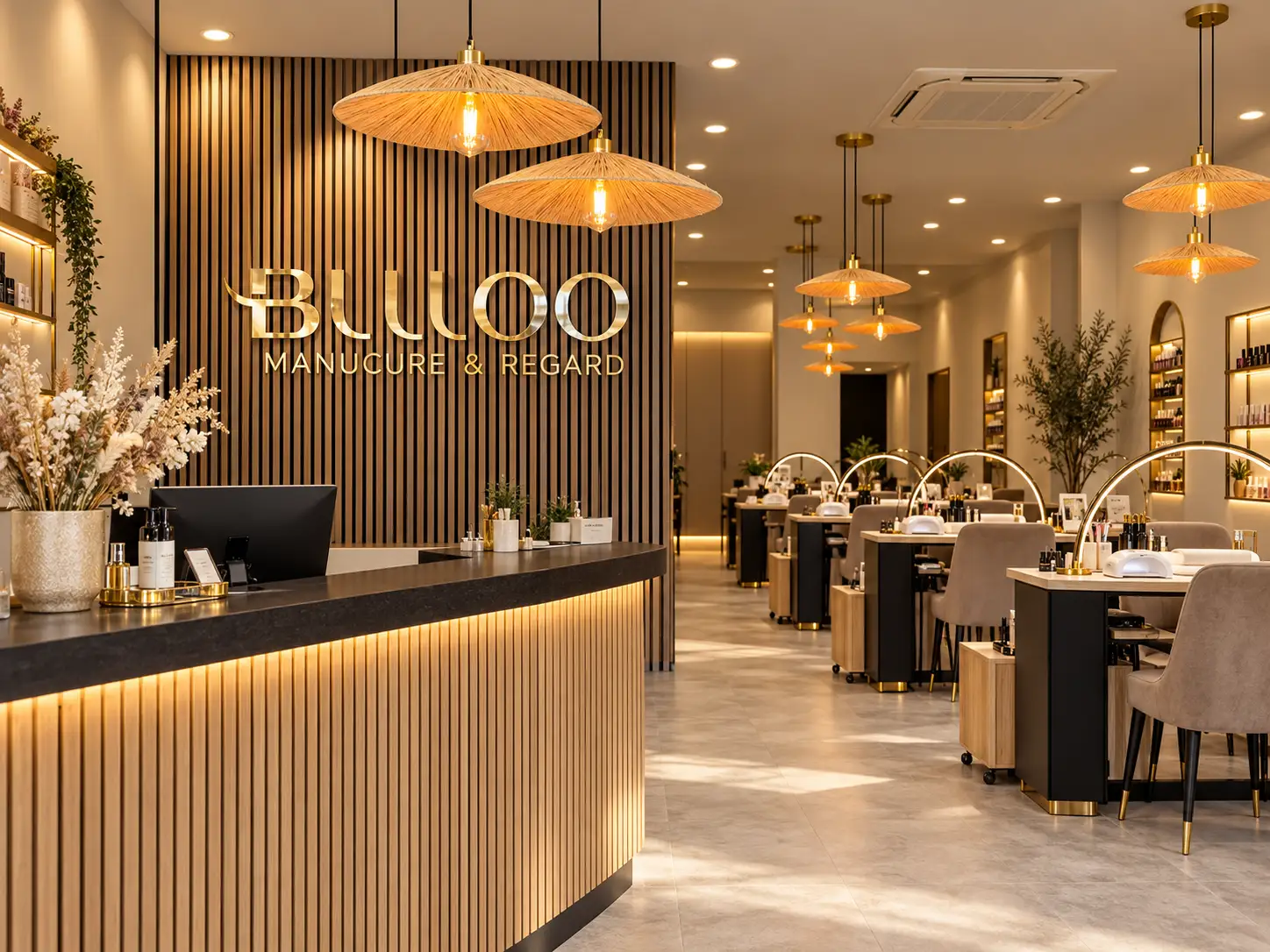 Création de logo pour institut de beauté : logo Bllloo mis en scène dans l’intérieur du salon à Lyon.