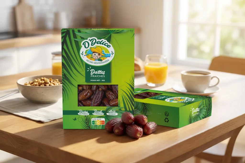 Packaging carton sain pour dattes fraîches O’Delice avec création logo et packaging alimentaire par Click-création.